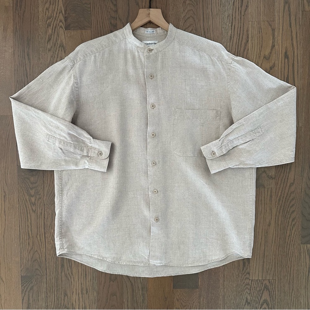 Vintage Men's Band Collar 100% Linen Long Sleeve Shirt Natural Tan Beige Large